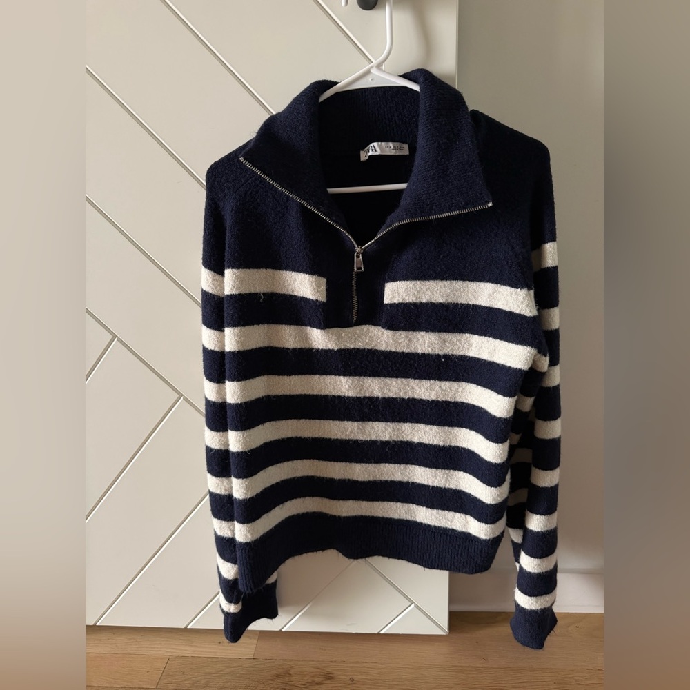 Zara Navy and White Striped Quarter Zip Sweater
